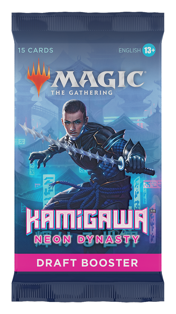 The Magic: The Gathering Kamigawa: Neon Dynasty - Draft Booster Pack showcases a futuristic warrior in blue armor wielding a sword. This cyberpunk-inspired pack includes 15 cards and is designed for players aged 13 and up.