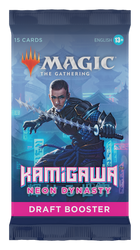 The Magic: The Gathering Kamigawa: Neon Dynasty - Draft Booster Pack showcases a futuristic warrior in blue armor wielding a sword. This cyberpunk-inspired pack includes 15 cards and is designed for players aged 13 and up.