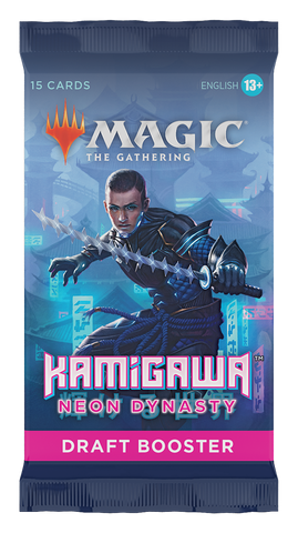 The Magic: The Gathering Kamigawa: Neon Dynasty - Draft Booster Pack showcases a futuristic warrior in blue armor wielding a sword. This cyberpunk-inspired pack includes 15 cards and is designed for players aged 13 and up.