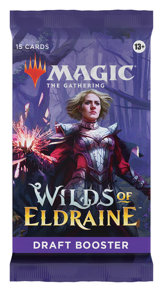 The Wilds of Eldraine - Draft Booster Pack from Magic: The Gathering features a character in red and silver armor holding a glowing magical object, set against a mystical forest backdrop. This pack includes 15 cards and is suitable for ages 13 and above.