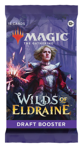 The Wilds of Eldraine - Draft Booster Pack from Magic: The Gathering features a character in red and silver armor holding a glowing magical object, set against a mystical forest backdrop. This pack includes 15 cards and is suitable for ages 13 and above.