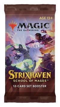 The Castle Games' Strixhaven: School of Mages - Set Booster Pack showcases vivid artwork of mages casting spells. The text indicates "Age 13+" and specifies a "12-Card Set Booster." The bright colors and dynamic illustrations emphasize the fantasy theme.