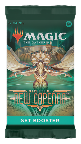 Explore the "Streets of New Capenna - Set Booster Pack" by Magic: The Gathering, featuring an intricate, mystical figure adorned with wings. Immerse yourself in the realm of New Capenna with 12 intriguing cards, ideal for anyone aged 13 and older.