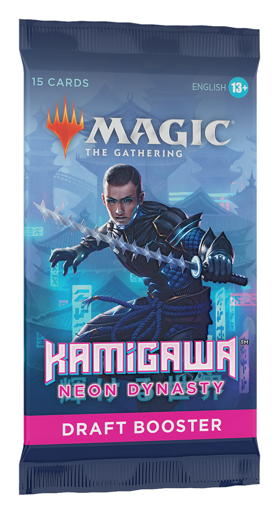 Dive into the excitement of Magic: The Gathering with the Kamigawa: Neon Dynasty - Draft Booster Pack. Showcasing an armored character wielding a sword amidst a cyberpunk cityscape, this pack contains 15 futuristic cards designed for ages 13 and up.