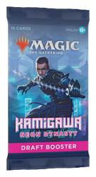 Dive into the excitement of Magic: The Gathering with the Kamigawa: Neon Dynasty - Draft Booster Pack. Showcasing an armored character wielding a sword amidst a cyberpunk cityscape, this pack contains 15 futuristic cards designed for ages 13 and up.