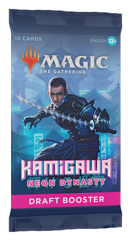 Dive into the excitement of Magic: The Gathering with the Kamigawa: Neon Dynasty - Draft Booster Pack. Showcasing an armored character wielding a sword amidst a cyberpunk cityscape, this pack contains 15 futuristic cards designed for ages 13 and up.