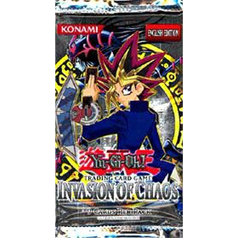 A "Yu-Gi-Oh - Invasion of Chaos" booster pack from The Castle Games, showcasing dynamic artwork that includes a character with spiky hair in a blue jacket next to a dragon-like creature. The pack is adorned with vibrant colors and features the Konami logo prominently at the top.