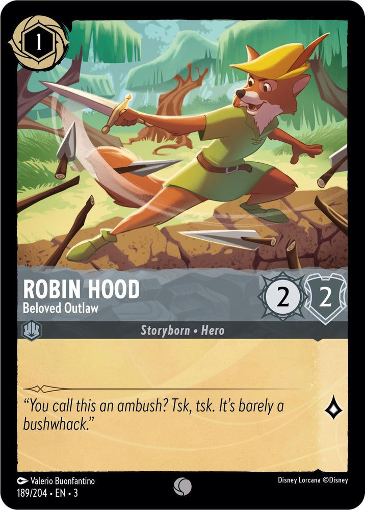 A card called "Robin Hood - Beloved Outlaw (189/204)" from Disney showcases an illustrated fox in a green hat and tunic, holding a bow. It's part of the "Into the Inklands" collection with common rarity, featuring stats and a quote: "You call this an ambush? Tsk, tsk. It’s barely a bushwhack.