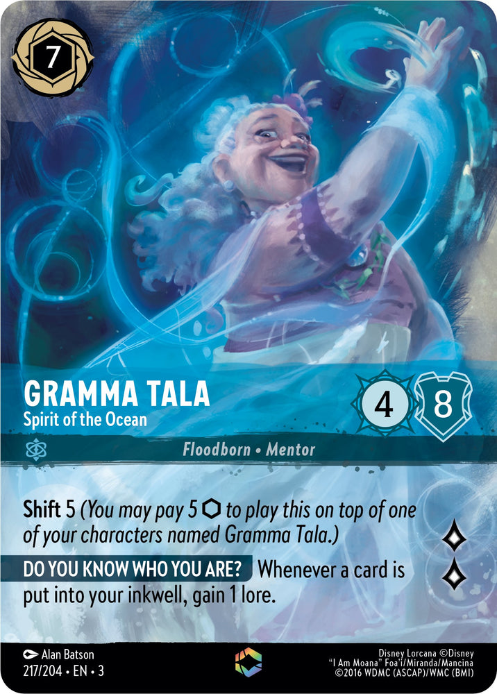 A fantasy trading card titled "Gramma Tala - Spirit of the Ocean (Alternate Art) (217/204) [Into the Inklands]" by Disney showcases a blue, swirling water background. The card details include cost (7), strength (4), and willpower (8), along with unique abilities and text about Shift 5 and gaining lore.