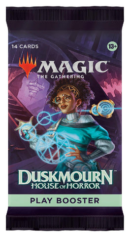 A Magic: The Gathering Duskmourn: House of Horror Play Booster pack showcases a wizard in futuristic attire, enveloped by glowing orbs and mystical symbols. Designed for ages 13 and up, it includes 14 cards, with Special Guest cards for an enriched experience.