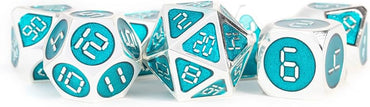 16mm Metal Poly Dice Set - Silver/Teal Enamel