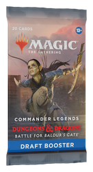 A Commander Legends: Battle for Baldur's Gate - Draft Booster Pack from Magic: The Gathering showcases an elf character with a sword against a clouded sky on its packaging. It includes 20 cards and is recommended for ages 13 and up.