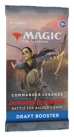 A Commander Legends: Battle for Baldur's Gate - Draft Booster Pack from Magic: The Gathering showcases an elf character with a sword against a clouded sky on its packaging. It includes 20 cards and is recommended for ages 13 and up.