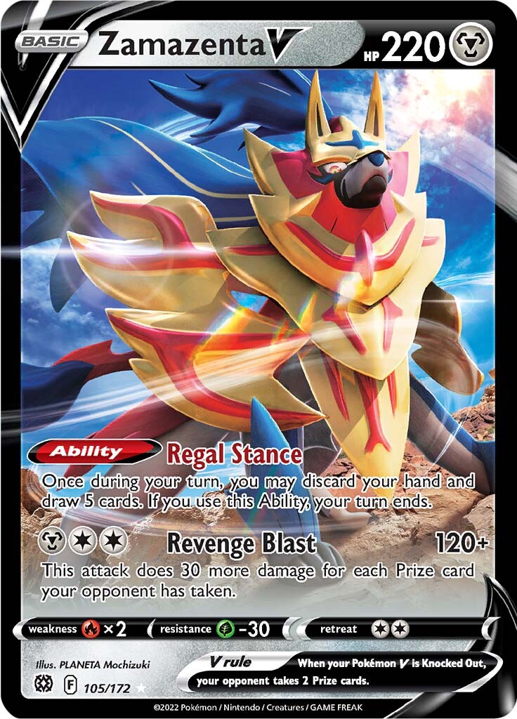 pokemon cards zamazenta V - SWSH09: Brilliant Stars [ULTRA RARE] Every Pokemon Type Is Holographic Credit Card Bundle Option Name:U12/040 (Foil) Ultimate Masters: Box Toppers (UMA:BT) 30 / 2 Artist