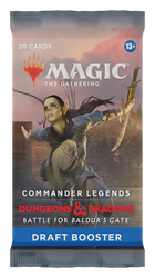 The Commander Legends: Battle for Baldur's Gate - Draft Booster Pack by Magic: The Gathering features packaging that displays an armored, elf-like character brandishing a sword amid a fantastical landscape under a cloudy sky.