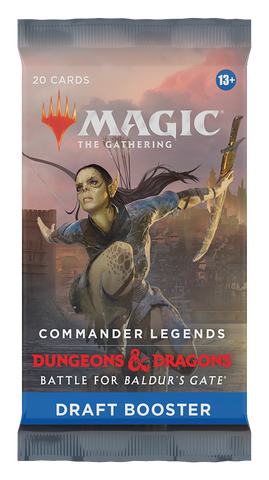 The Commander Legends: Battle for Baldur's Gate - Draft Booster Pack by Magic: The Gathering features packaging that displays an armored, elf-like character brandishing a sword amid a fantastical landscape under a cloudy sky.