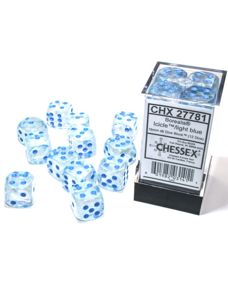 Chessex - Borealis - 16mm d6 - Icicle/light blue Luminary Dice Block (12 dice)