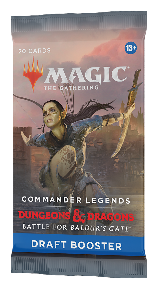 The Magic: The Gathering Commander Legends: Battle for Baldur's Gate - Draft Booster Pack displays an elf-like character holding a weapon and indicates it contains "20 cards," making it ideal for individuals aged 13 and older.