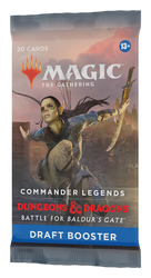 The Magic: The Gathering Commander Legends: Battle for Baldur's Gate - Draft Booster Pack displays an elf-like character holding a weapon and indicates it contains "20 cards," making it ideal for individuals aged 13 and older.