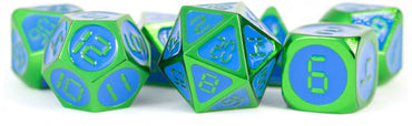 MDG - Metal Dice - 16mm Green w/ Blue Enamel 7 Die